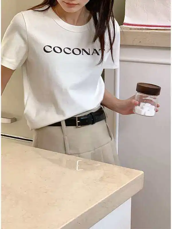 

Женская футболка Daihe Spring Casual с круглым вырезом и коротким рукавом, с буквенным принтом, из 100% хлопка, ультракороткая длина