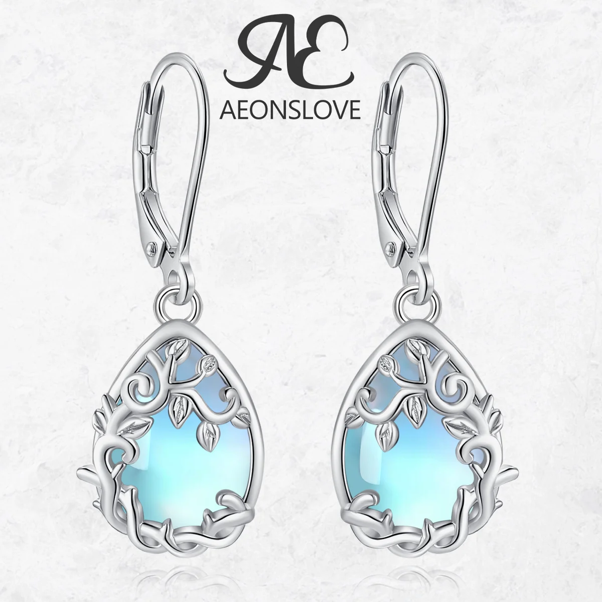 AEONSLOVE 925 Sterling Silver Tree of Life Teardrop Moonstone Dangle Earrings for Women Original Boho Leverback Drop Earrings