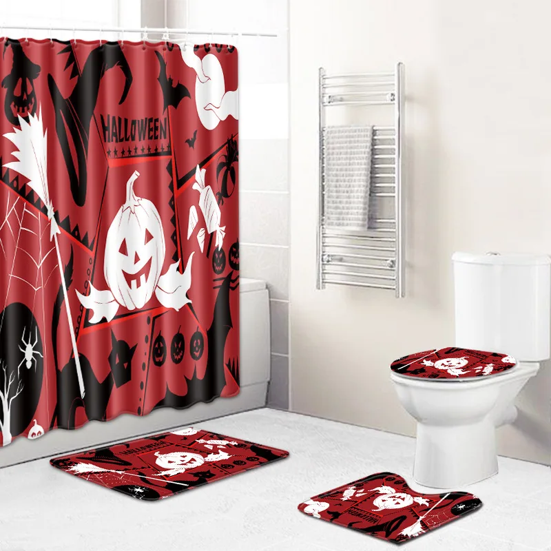 北米のハロウィンバスルームトイレマット、シャワーカーテンセット、寝室用カーペット、ベッドサイドに写真がいっぱい