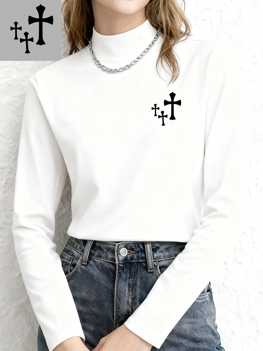 

Cross Pattern Printing T-Shirts Women Winter Fleece Tops Half Turtleneck Slim Fit Warm Bottoming Shirt Fashion Woman Clothes