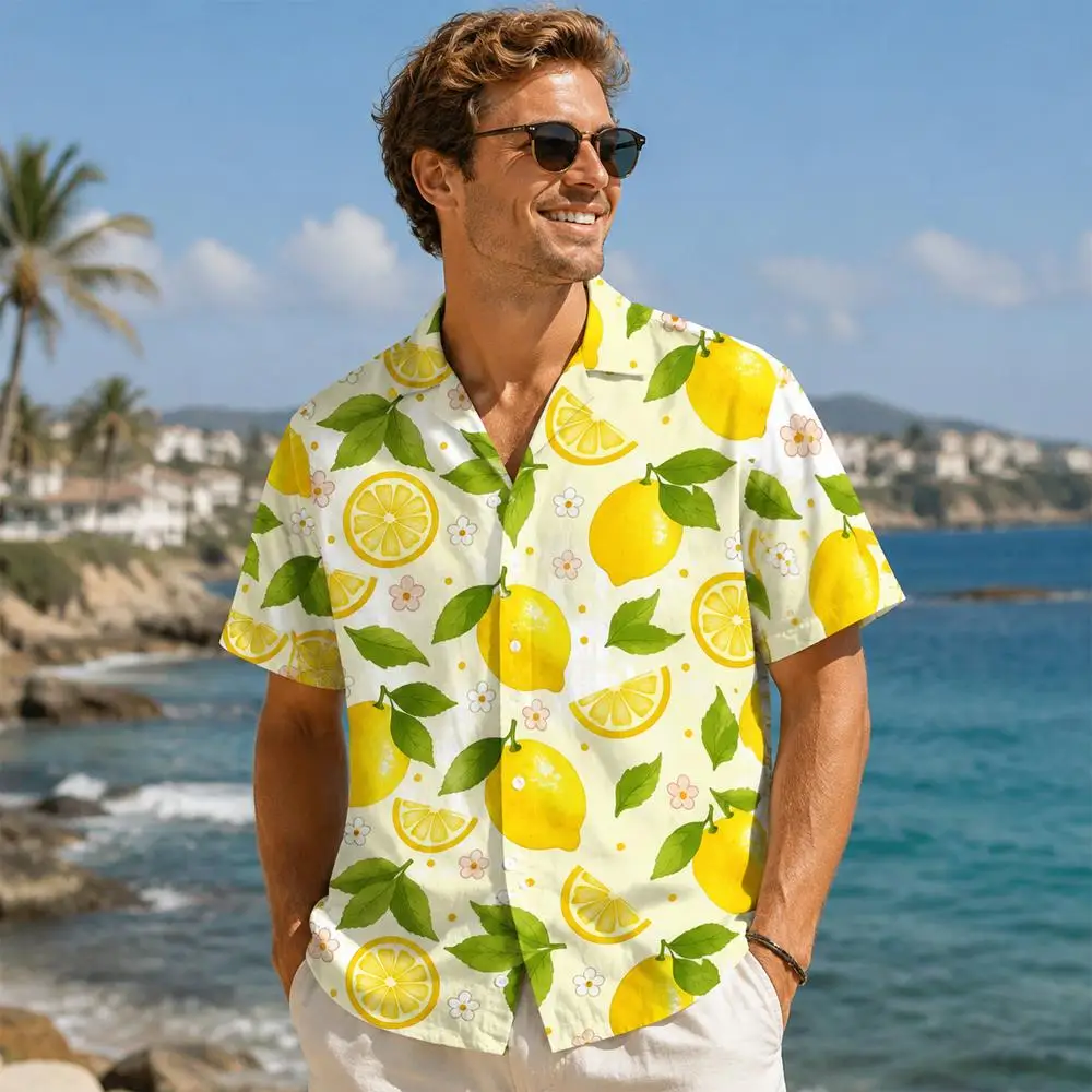 Men 100% Cotton Hawaiian Shirt Summer Short Sleeve Button Down Shirt Lemon Slice Print Casual Beach Vacation Loose Shirts Tops