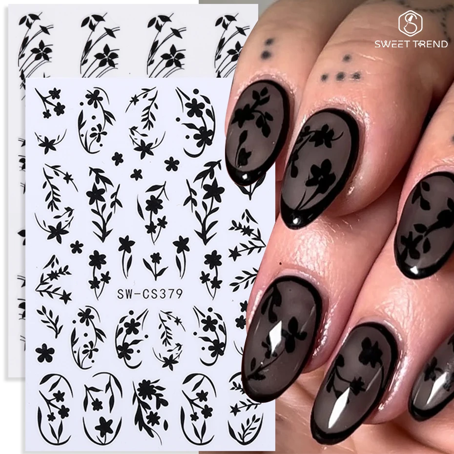 2 Stück Schwarze Blumen-Nagelaufkleber Vintage Minimalistisches Schwarzes Blumen-Blatt-Muster Selbstklebende Nagelsticker Maniküre-Dekoration Slider