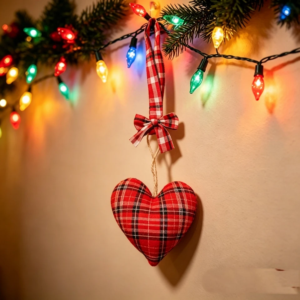 Retro Plaid Christmas Heart Hanging Ornaments