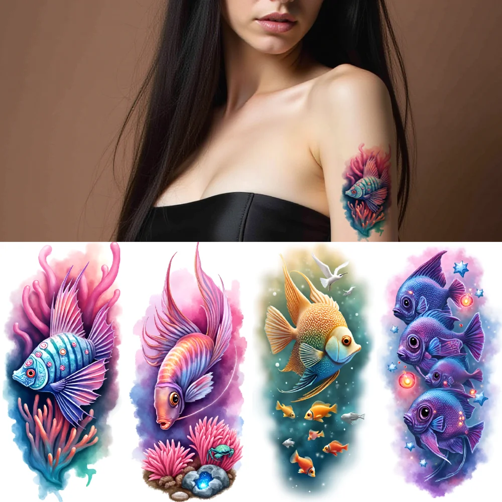 

12pcs Temporary Tattoo Purple Fish Waterproof Long-lasting Body Stickers Goldfish And Coral Coral And Fish For Women Thighs
