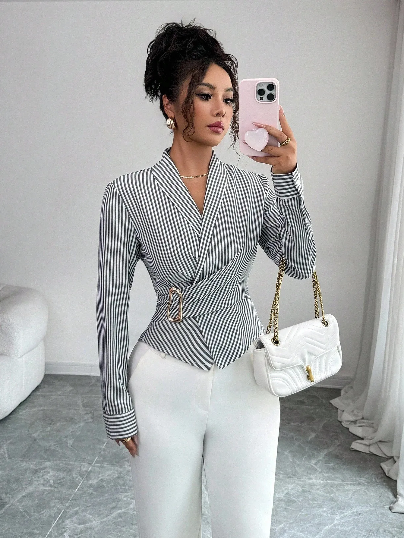 

Spring Summer Women's Clothing Striped Button Up Long Sleeve Blouse Elegant Irregular Hem Polyester Shirt With Metal Buttons