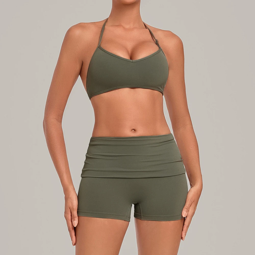 2-Piece Yoga Suit Women's Halter Neck Sports Bra Outfits Gym Fitness Set Female Outdoor Workout Cycling Fold Waist Shorts Suit