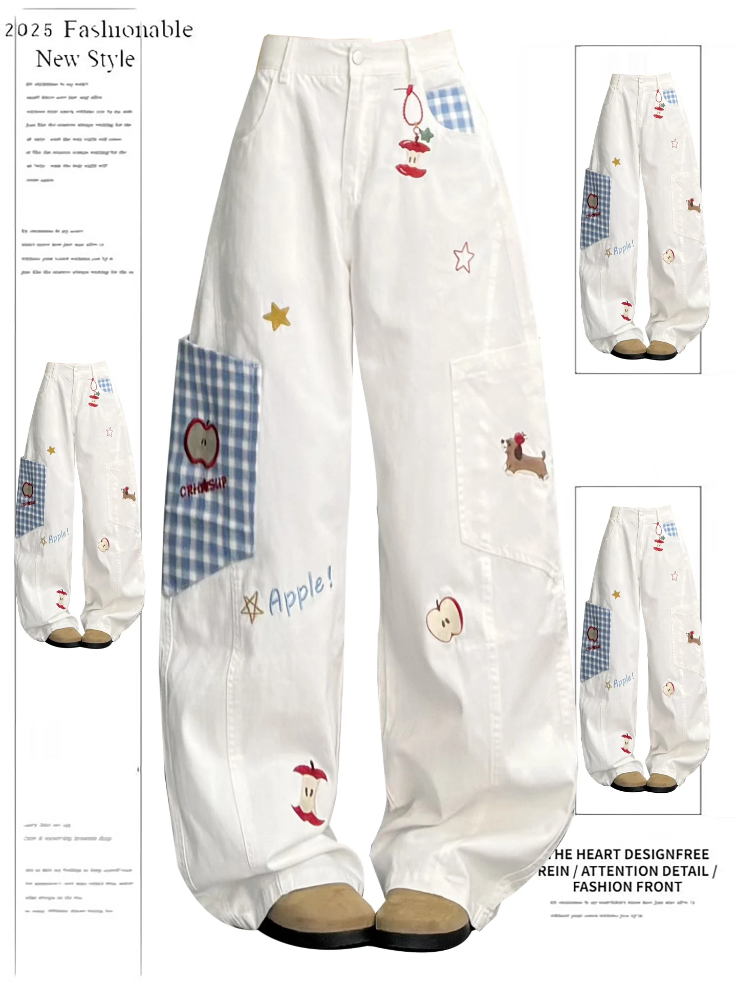 

American Retro Embroidered White Jeans Women's Autumn New Design Loose Wide Leg Pants Knife Pants High Waist Denim