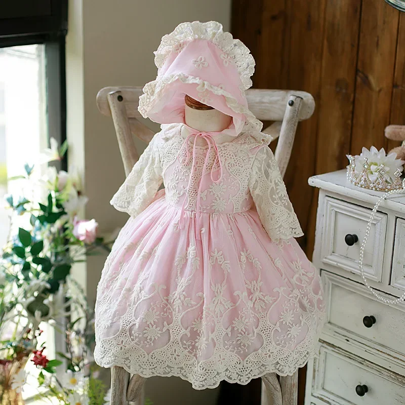 

2025 Flower Girl Lace Dress For Kids 2 Pcs Hat Children Princess 1st Birthday InfantGowns Vestido Elegant Ball