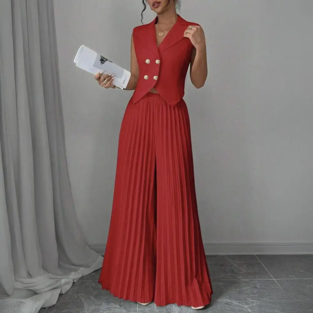 

Elegant Formal Women Vest Trousers 2 Pieces Spring Fashion Retro Wide-leg Pleated Pants Slimming Sleeveless Vest Female Set 80%