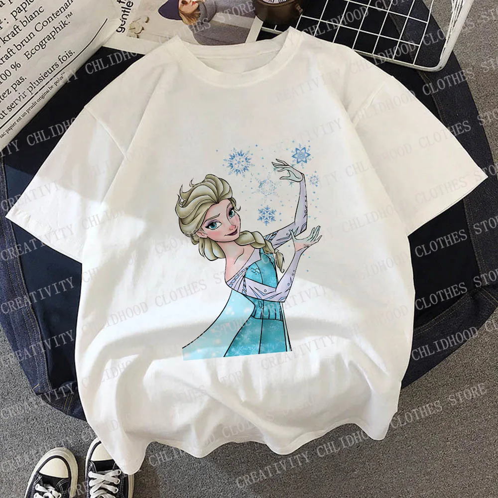 T-Shirt à Manches Courtes pour Enfant Fille et Garçon, Vêtement de Style Kawaii, Dessin Animé, Princesse Disney Elsa
