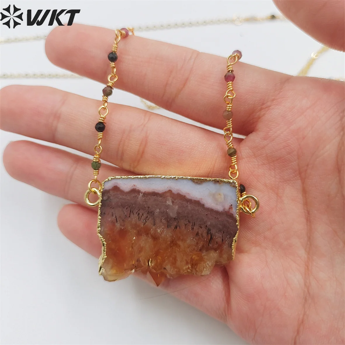 

WT-N1404 Wholesale Newest Natural Yellow Citrine Quartz Necklace With Tiny Tourmaline Bead Precious Slice Stone Pendant