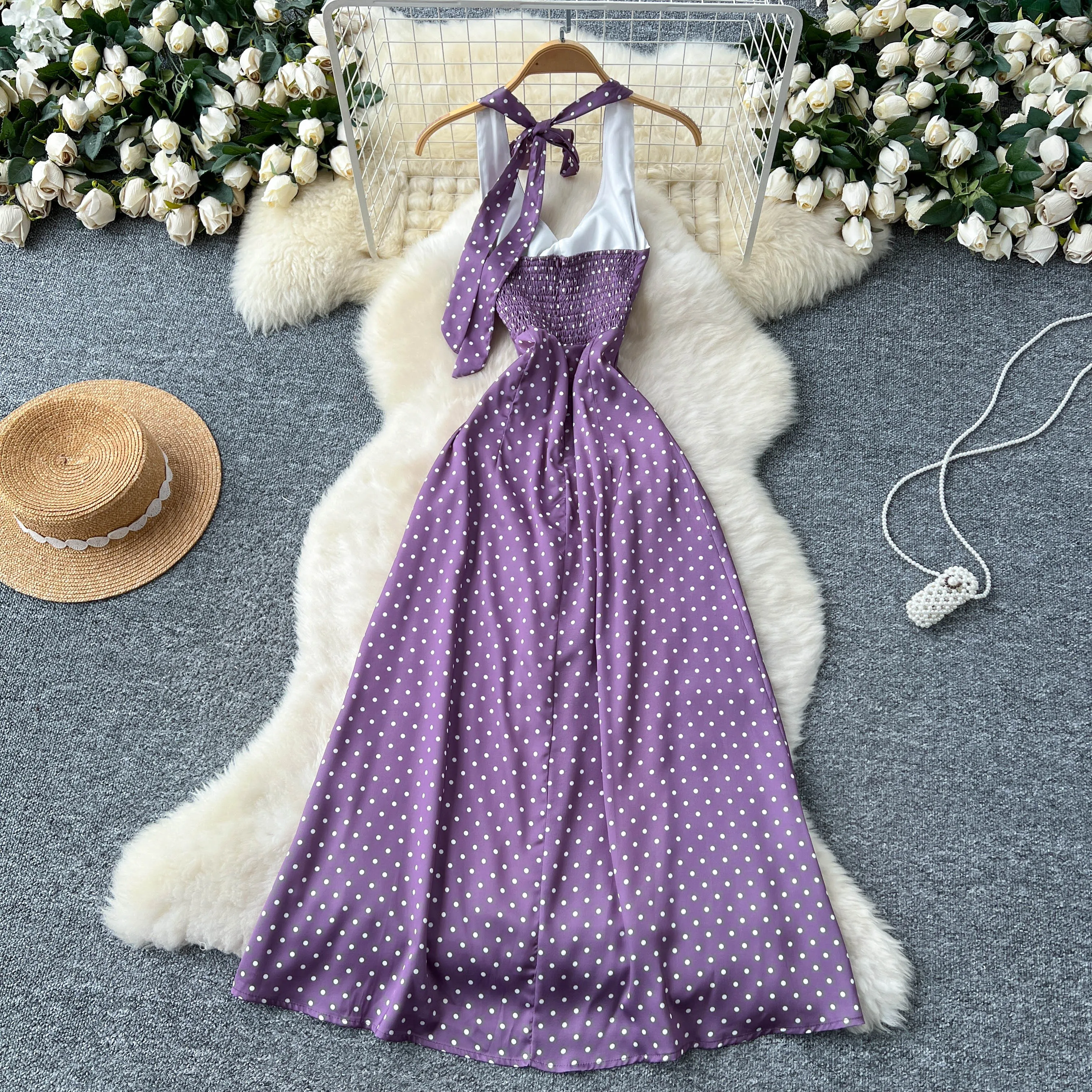 Chic Elegant Ruched Polka dot satin Korean Fashion Fairy Sexy High Waist Vestidos Summer Vacation dress