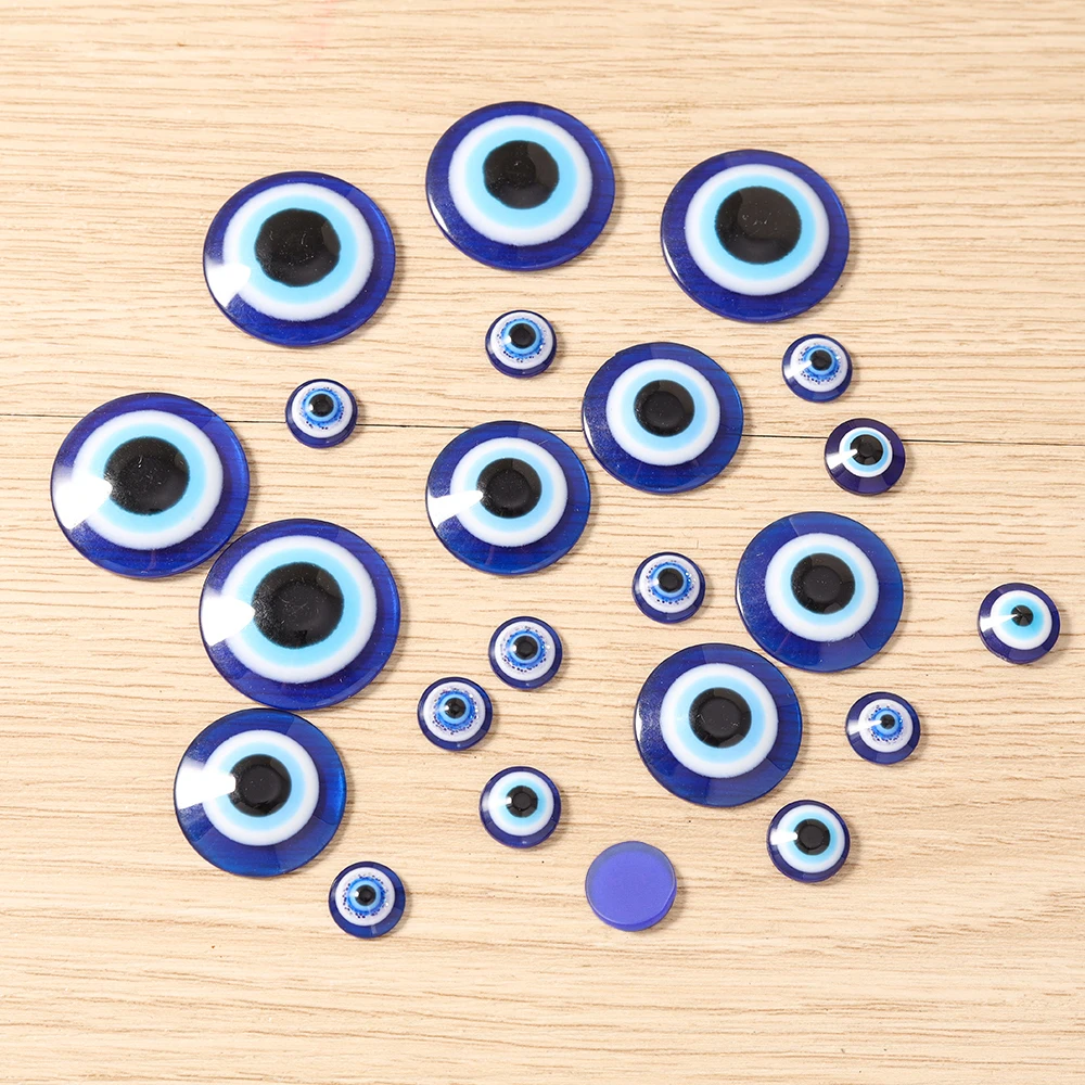 Tusember 8/10/14/20/25 mm blaue Evil-Eye-Harz-Cabochon-Perlen, lose Perlen mit flacher Rückseite, Anhänger für Halsketten, Armbänder, Schmuckherstellung – Detail 2