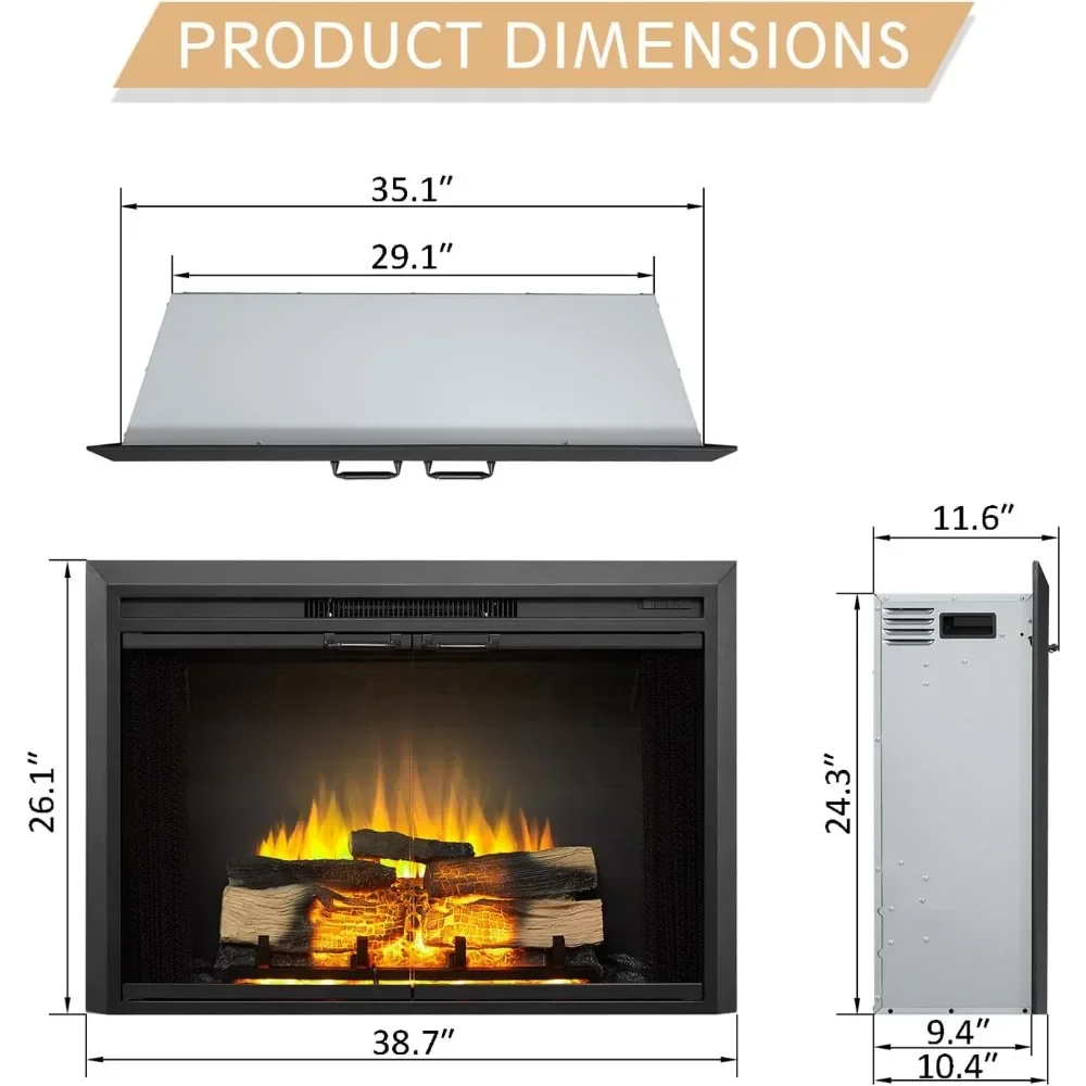 유리 문짝 및 메쉬 스크린 포함 전기 벽난로 인서트 (EF265B), 벽난로 히터, 화재 크래킹 사운드, 39 인치, 750 W, 1500W
