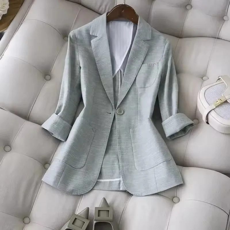 

Женский корейский зеленый свежий пиджак матча, осень 2021, утягивающее верхнее пальто с рукавами 3/4, женский универсальный модный пиджак, женский