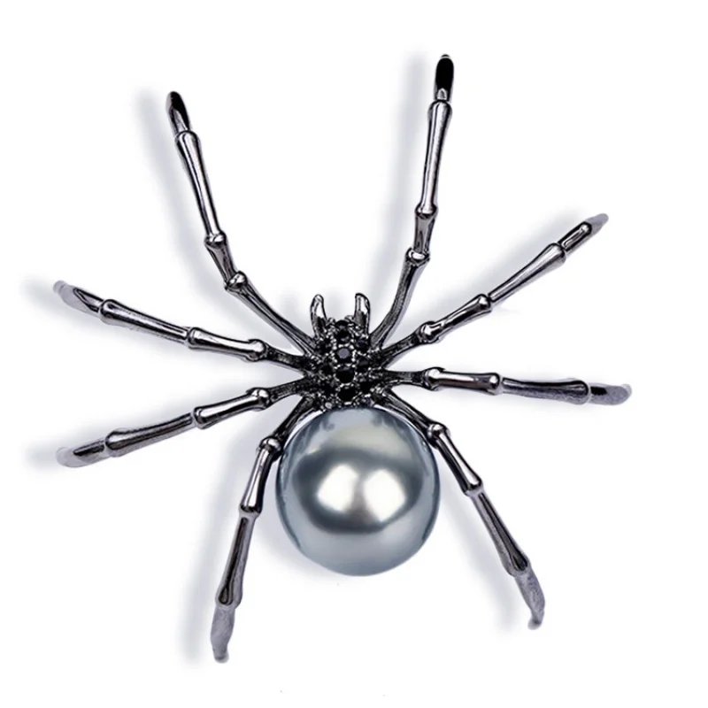 Punk Personalized Black Pearl Spider Brooches For Women Men Creative Clothes Scarf Accessories Brooch Metal Pin Party Jewelry
