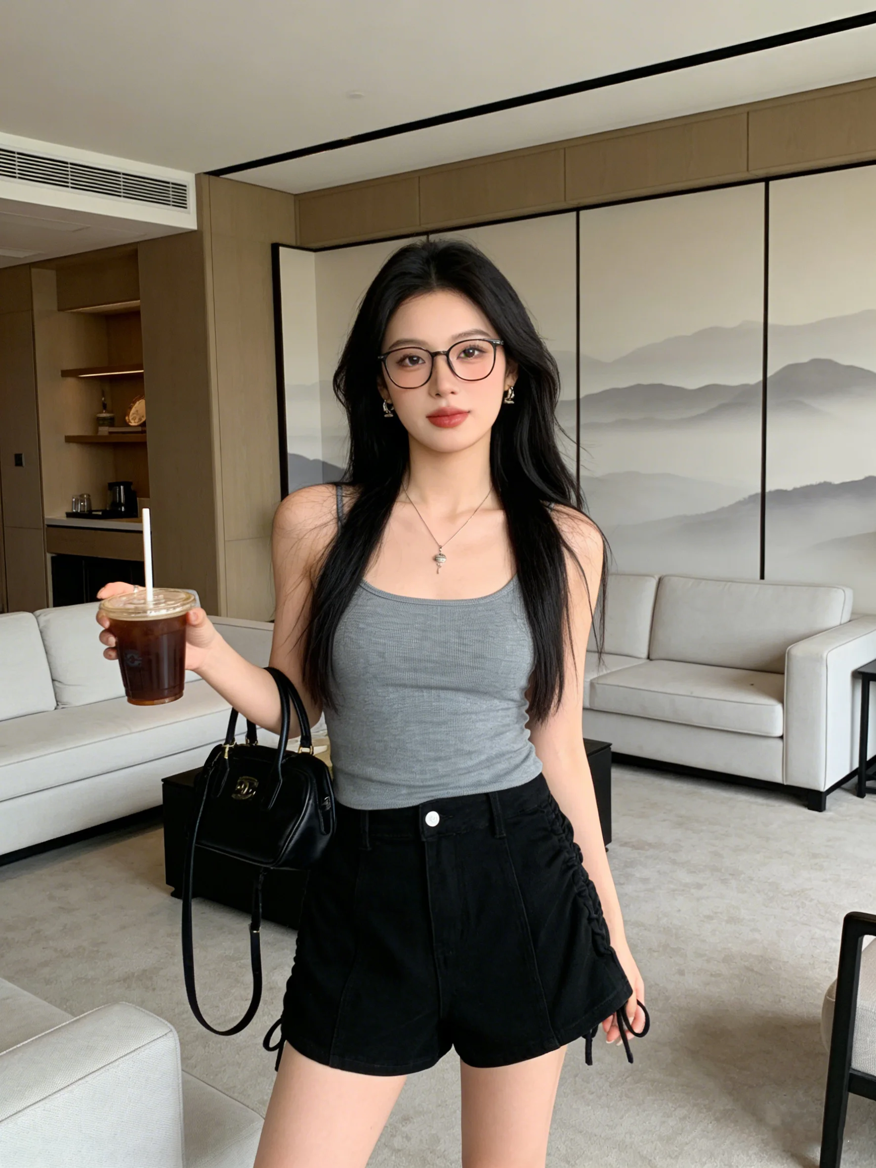 

High Waist Drawstring Denim Shorts Women's Korean Style Retro Black Wide Leg Hot Pants Summer New Arrival Slimming Hot Girl