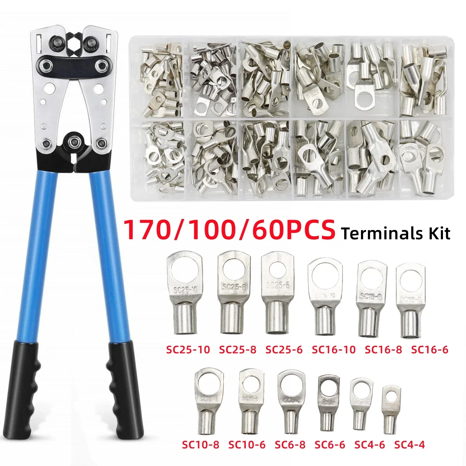 60/100/170pcs SC Bare Bolt Hole Tinned Copper Cable Lugs Battery Terminal Wire Terminals Connector Suit SC10-6 SC16-8 SC25-8
