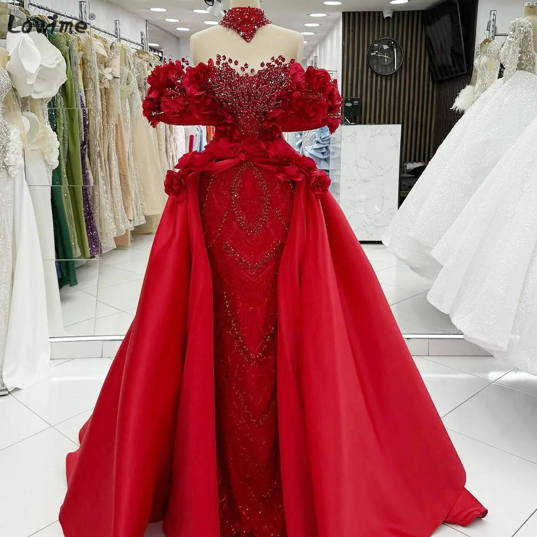 

2025 Red Rose Evening Dress Glamorous Crystal Grand Evening Gown With Detachable Train Party Dress Customizable Prom Dress