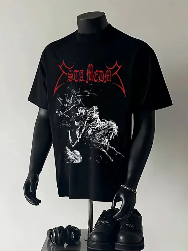 

European Summer Trend Rock on Super Clear Print New Men's Loose Comfortable High Street Pure Cotton Breathable T-shirt