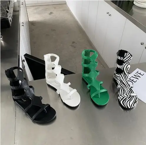 Roman Girls Green Black White Zebra Leather Hollow Gladiator Zipper Back High Top Flat Short Sandals Boots Women Beach Shoes