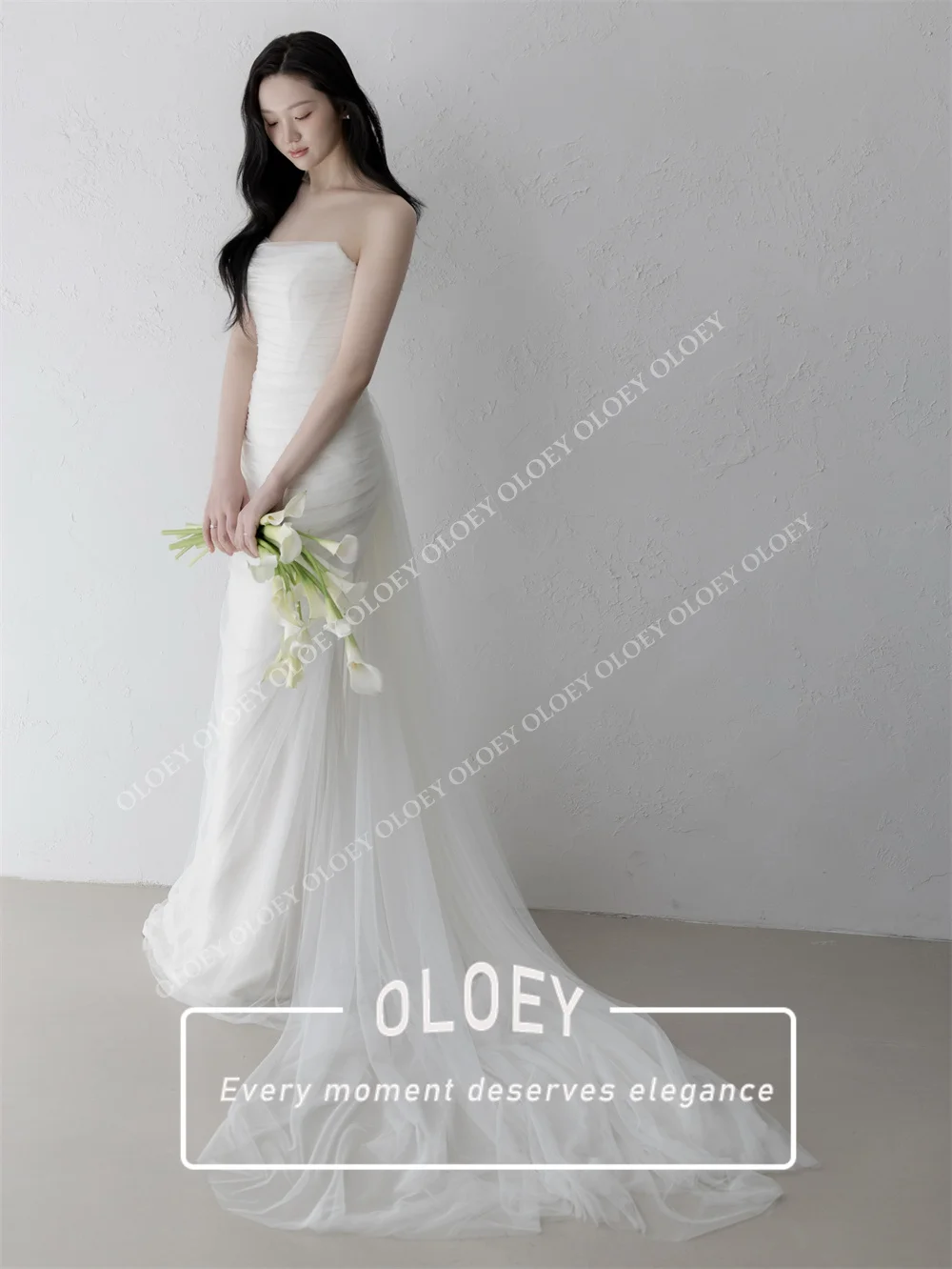 OLOEY Minimalist Strapless Tulle Mermaid Wedding Dress Detachable Scarf Floor Length Korea Photo Shoot Bridal Gown Customized