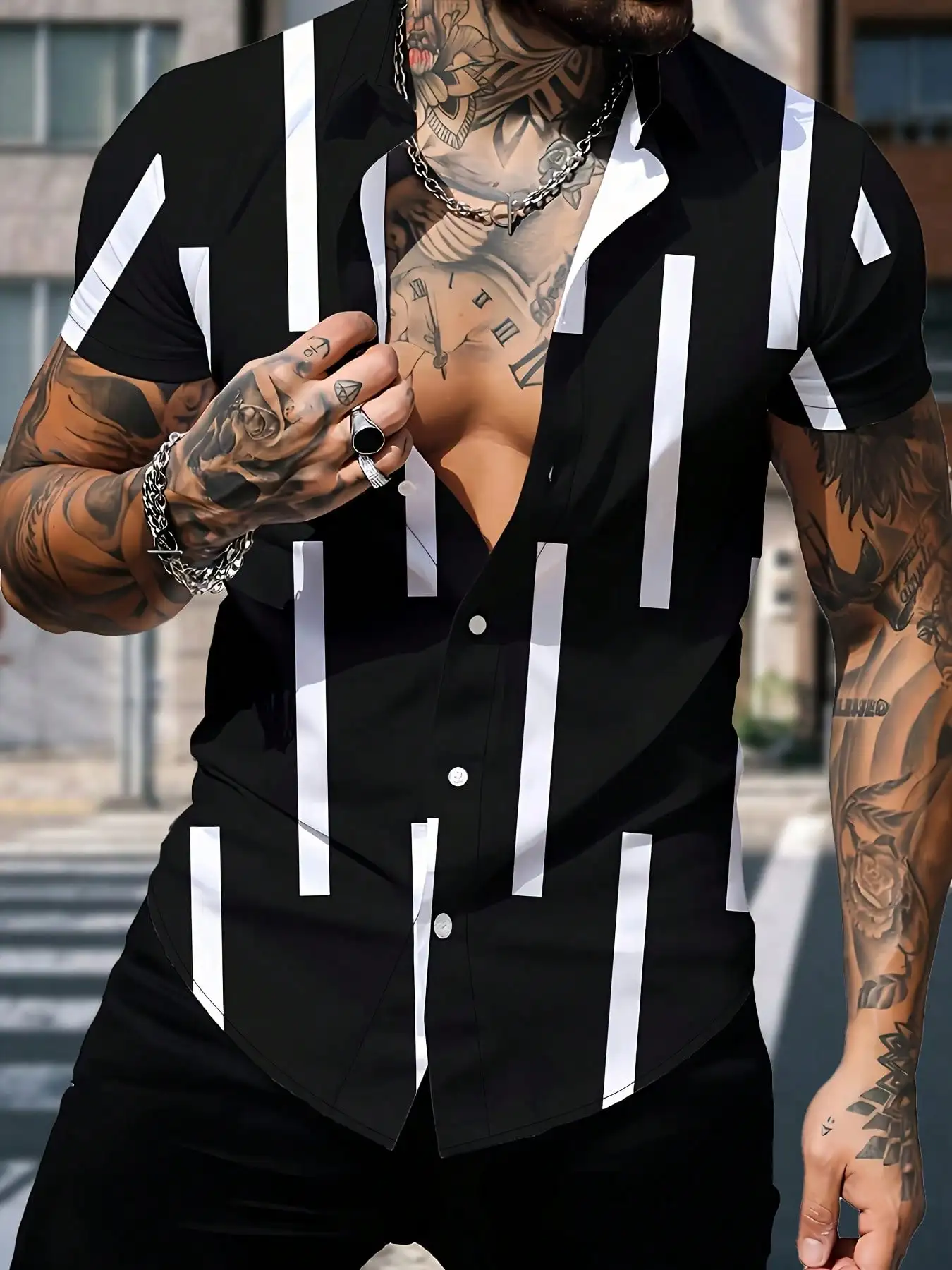 

Men's Black White Geometric Stripe Short Sleeve Slim Fit Casual Shirt