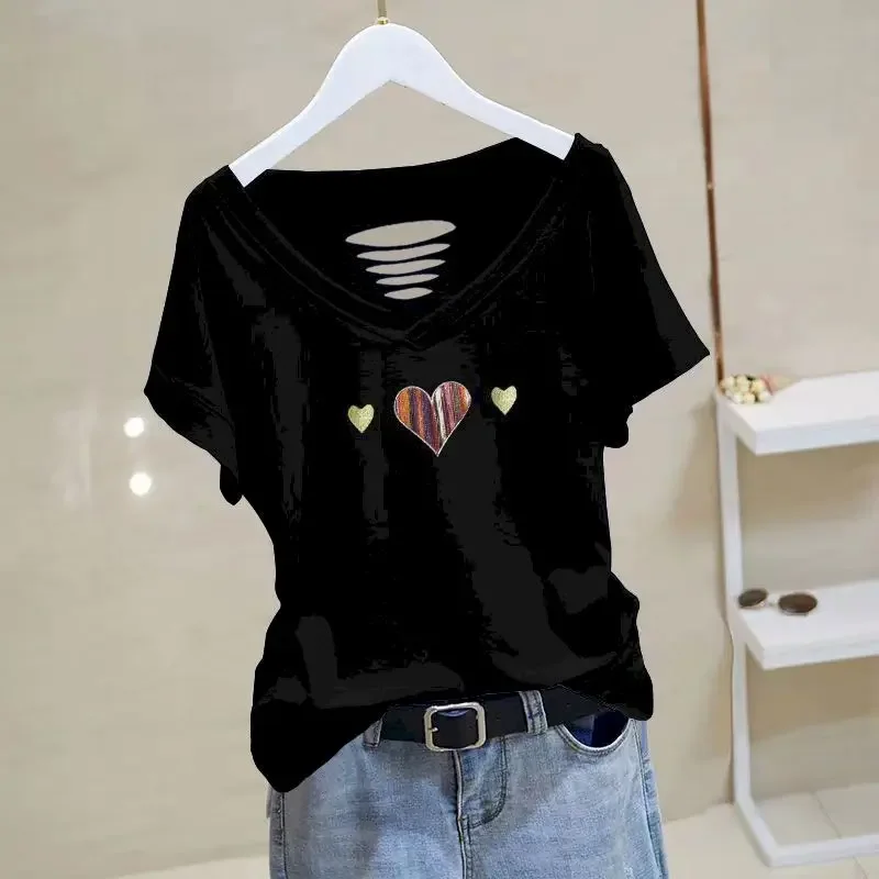 

100% Cotton T Shirt Women Fashion Printed Hole In The Back T-shirt Casual Loose Short Sleeve V-Neck Top Summer Trend Thin Tshirt