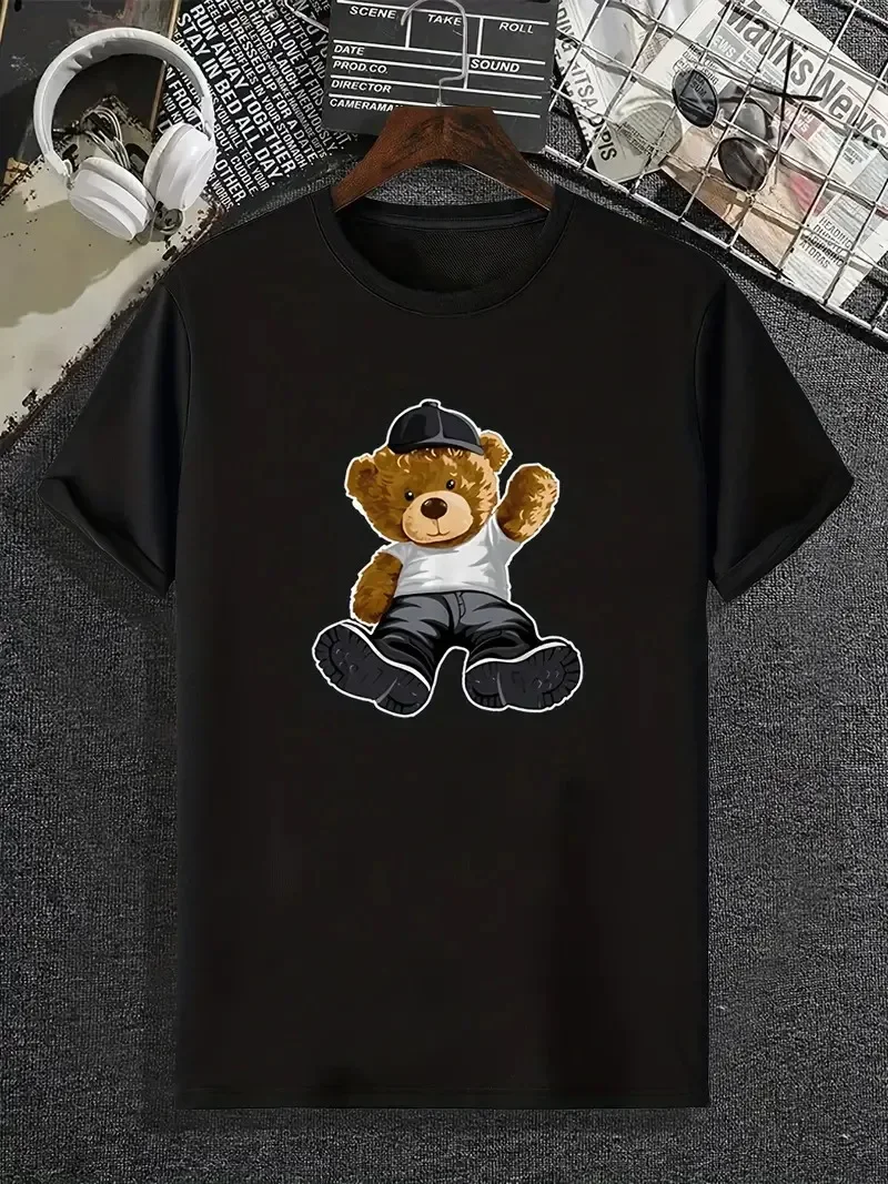 Cute Cartoon Bear Print Men's Casual Short Sleeve Crew Neck Tshirt Fashion Graphic Tees Loungewear Pajama Top For Summe Clothing