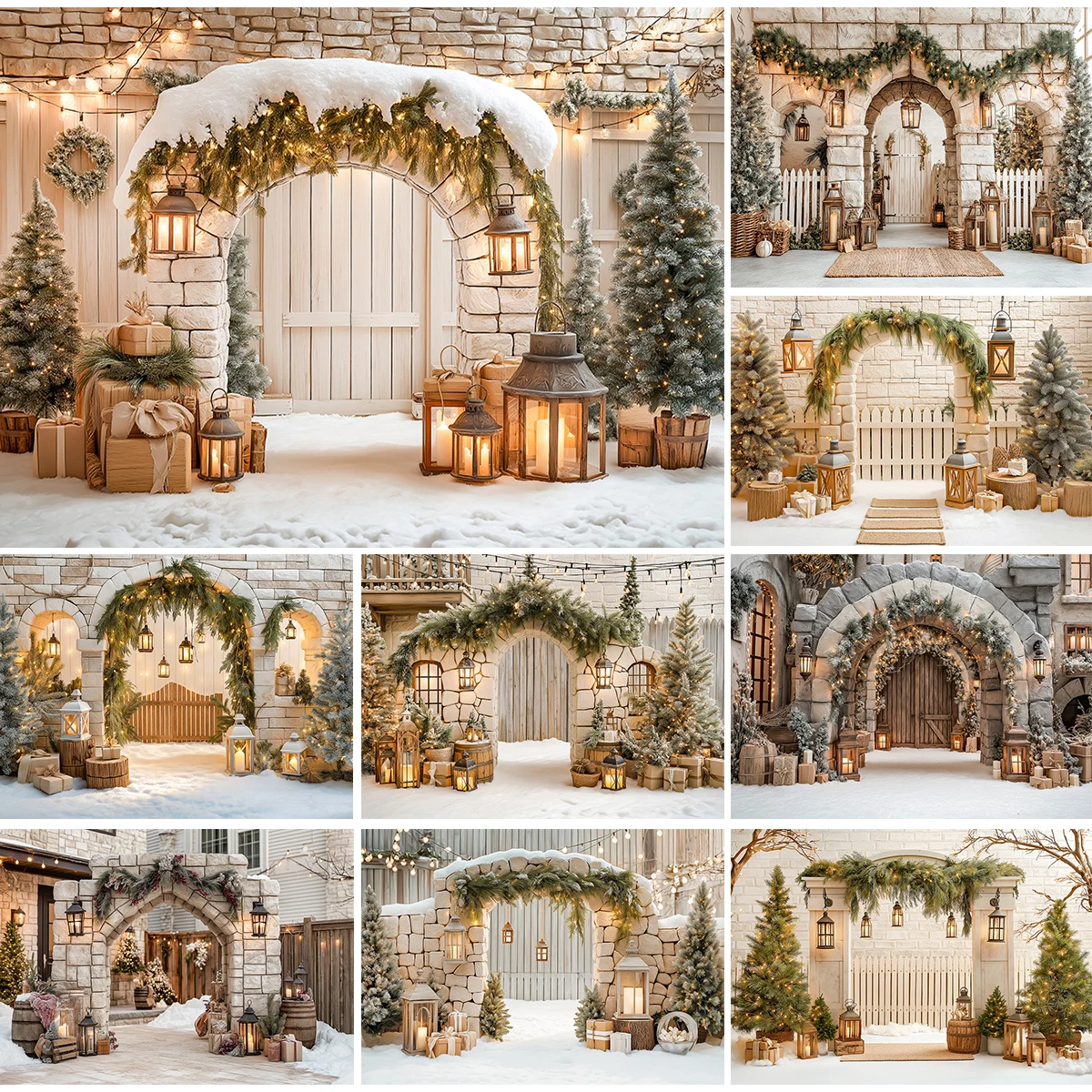 قوس عيد الميلاد مزين بالفوانيس وإكليل الهدايا خلفية التصوير الفوتوغرافي للأطفال كعكة سحق خلفيات التصوير الفوتوغرافي #1