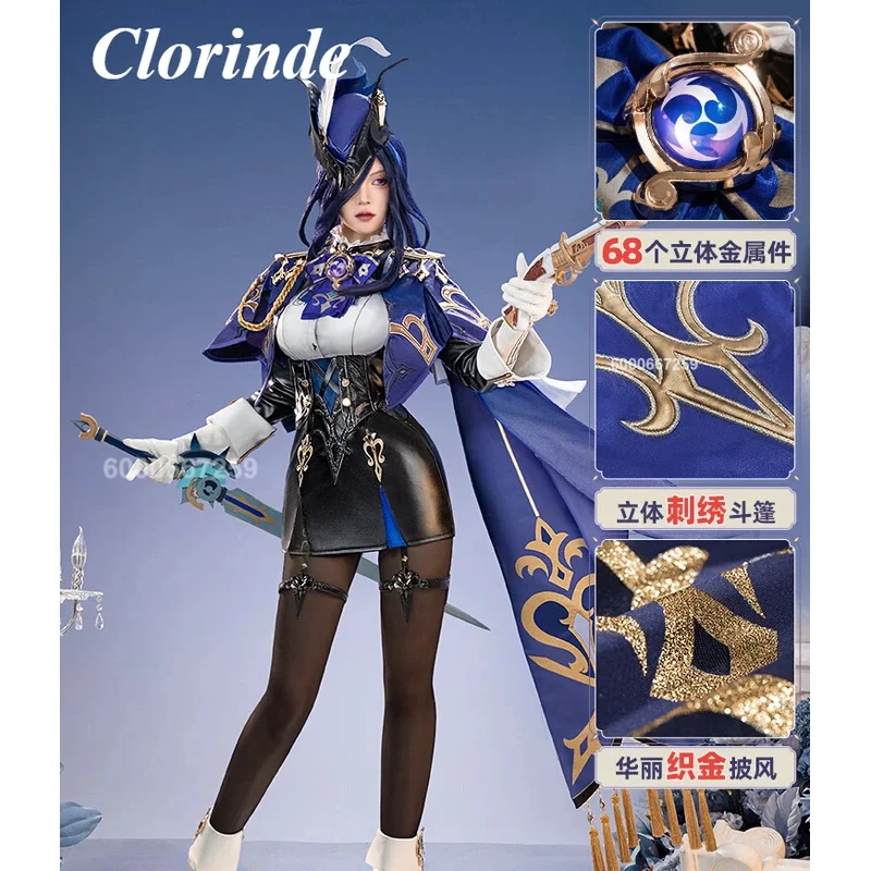

Genshin Impact Clorinde Косплей Костюм Сексуальное Платье со Шляпой и Плащом Fontaine Champion Duelist Полный комплект на Хэллоуин