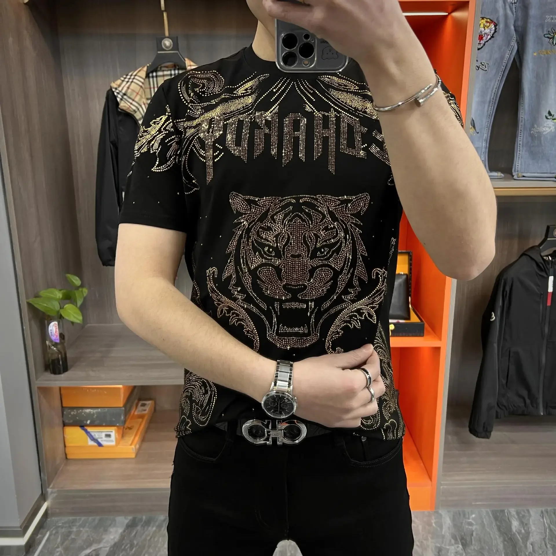 Short Sleeve 2024 New Hot Diamond Printed Men\'s T-shirt Summer Leisure Loose Matching Style