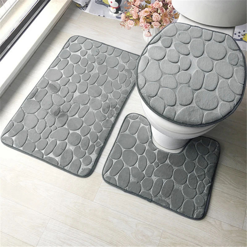 2PCS Bathroom Rug Mat Absorbent Non-Slip Bath Floor Mat Cobblestone Pattern Bathroom Rug Set Soft Bath Mat Plush Carpet