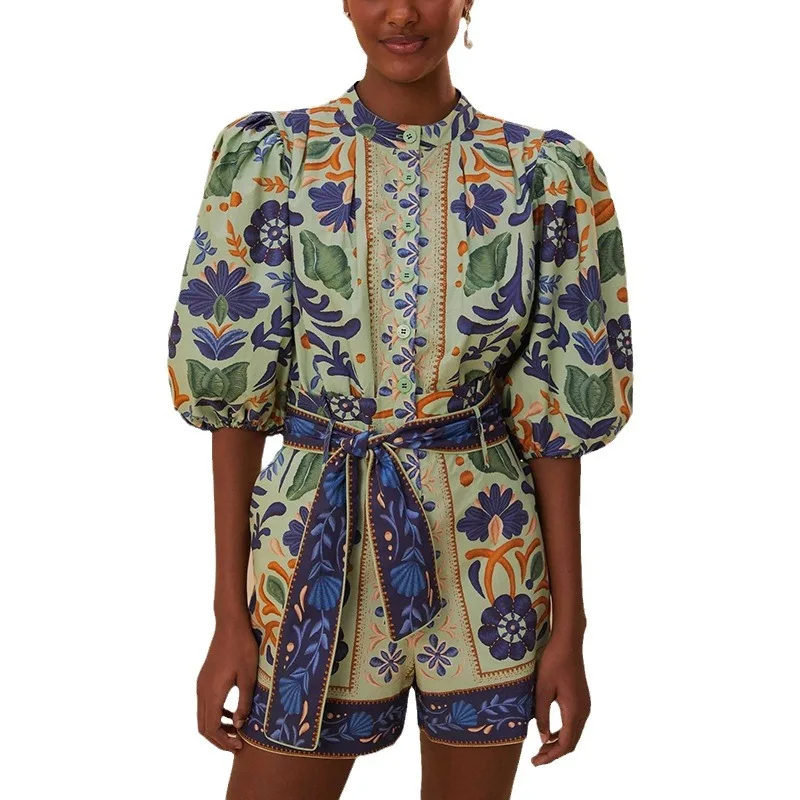 

New Women's Retro Palace Style Printed Jumpsuit with Bubble Sleeves Shirt Top and High Waisted Casual Strap Playsuit Shorts