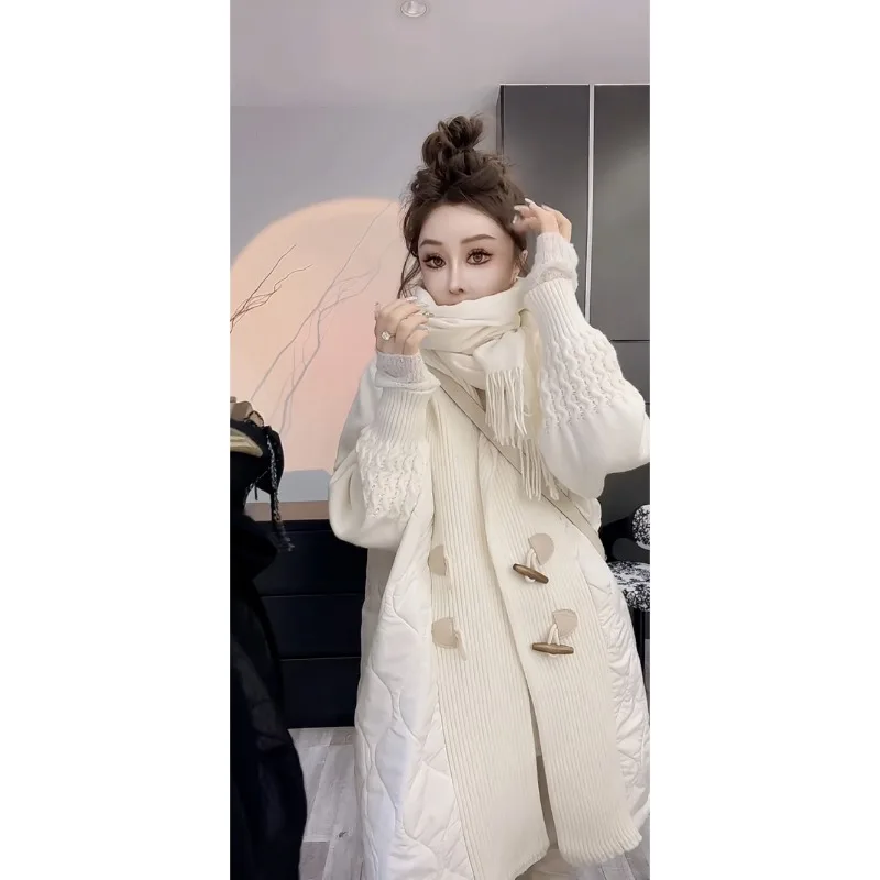 European Station Knitted Patchwork Hooded Cotton-padded Jacket Wome New Winter Loose Mid-length Cotton-padded Coat Horn Buttons