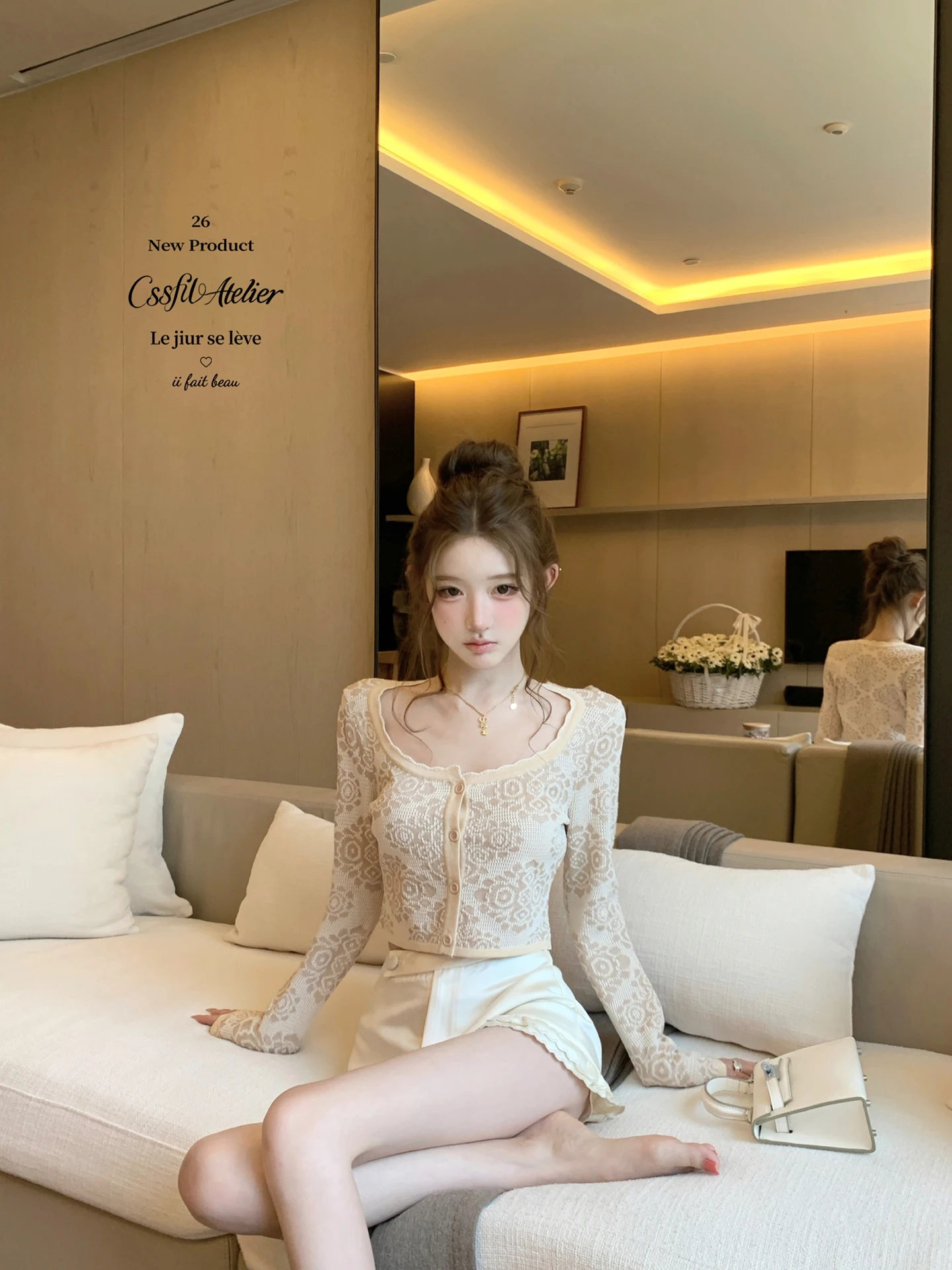 ALAi Special Ballet Short Cardigan Beautiful Lady Plain Color Wave  Short Pants Fashionable Two-Piece Set for Women