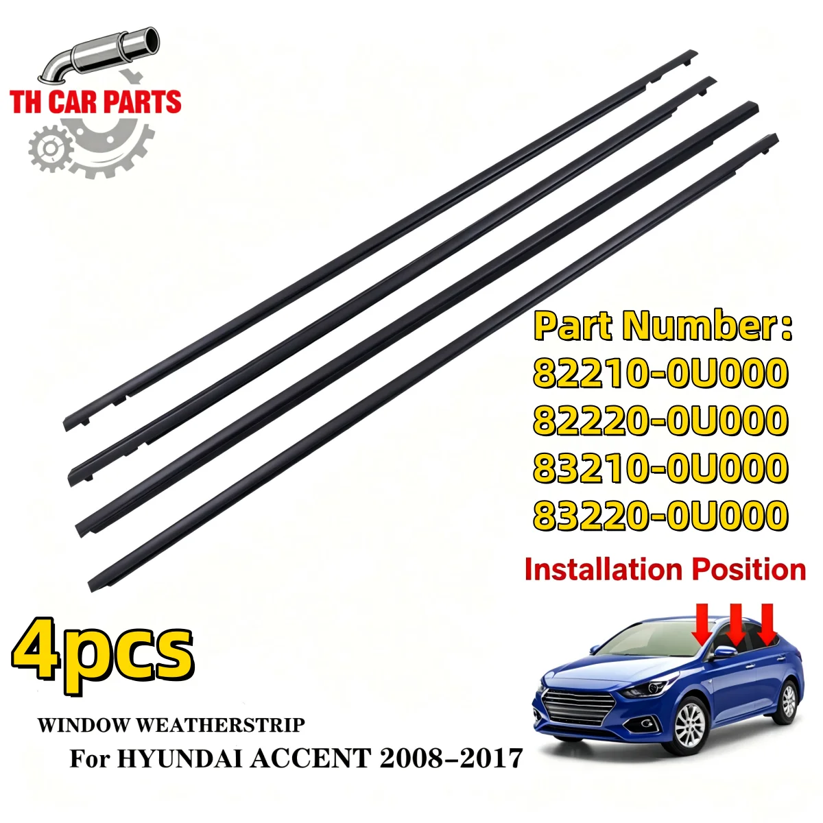 Car Window Weatherstrip Chrome For 2008-2017 Hyundai Accent Vera 82210-0U000 82220-0U000 83210-0U000 83220-0U000