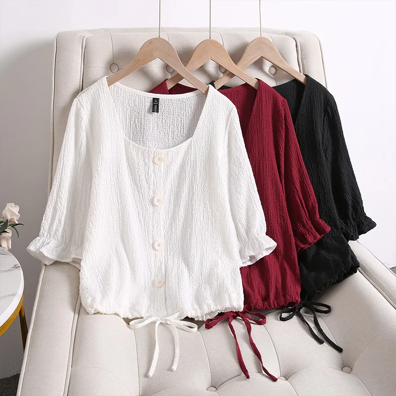 Plus size, mm summer belly covering slimming square neck short sleeved loose slimming-shirt 2802