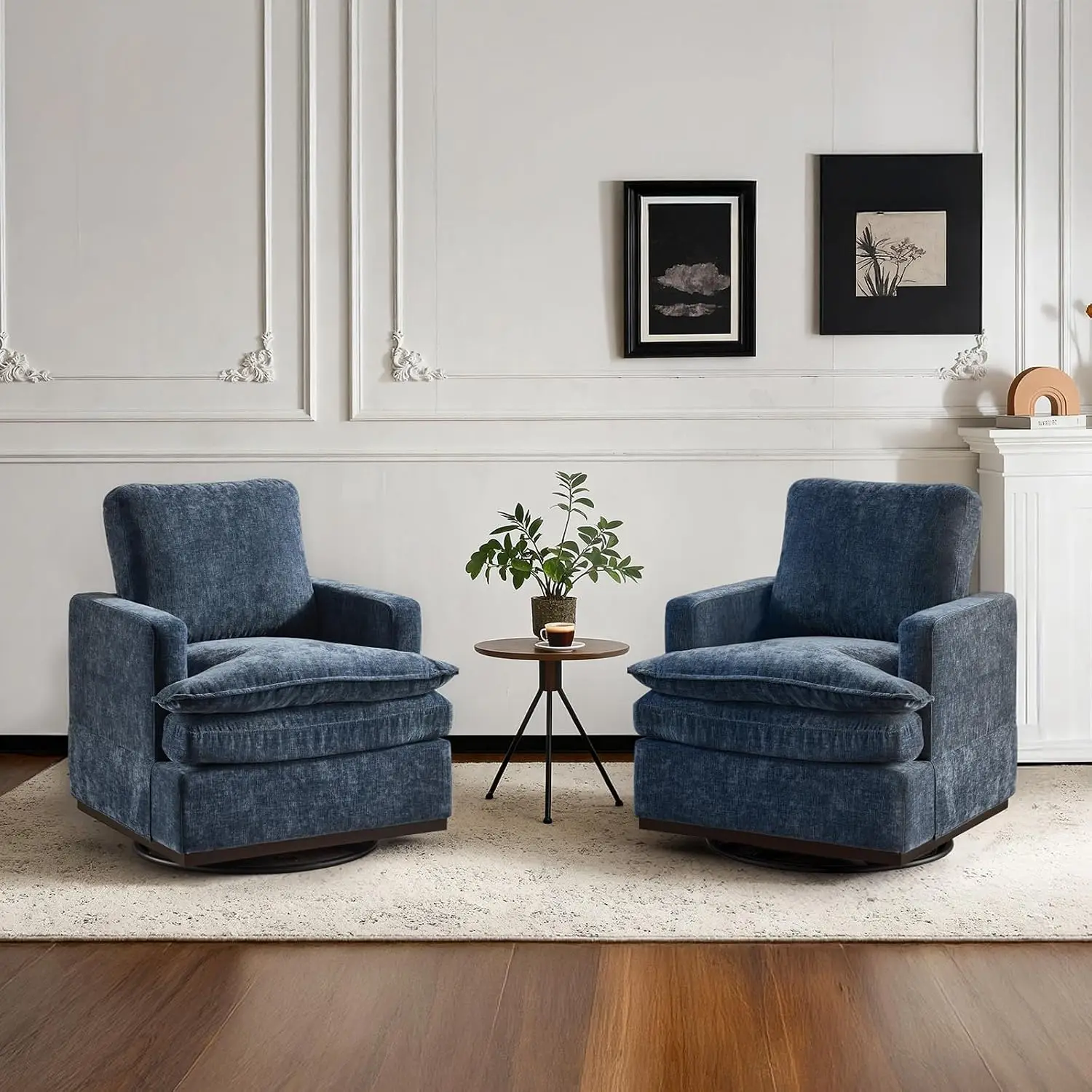 360° Swivel Mid-Century Accent Armchair Set of 2 with Double-Layer Cushion, Comfy Square Chair for Living Room, Blue, Customized