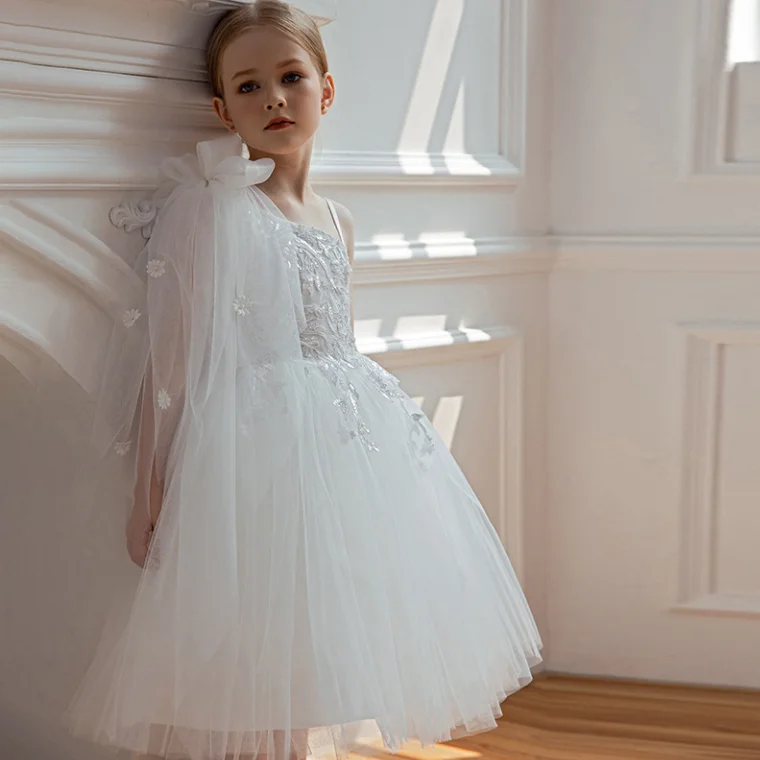 

Retail New Baby Girls Boutique White Flower Performace Dress, Princess Kids Elegant Party Birthday Mesh Dress 3-7T