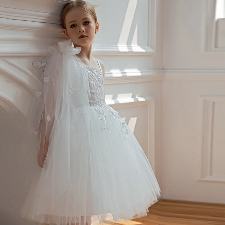 Retail New Baby Girls Boutique White Flower Performace Dress, Princess Kids Elegant Party Birthday Mesh Dress 3-7T