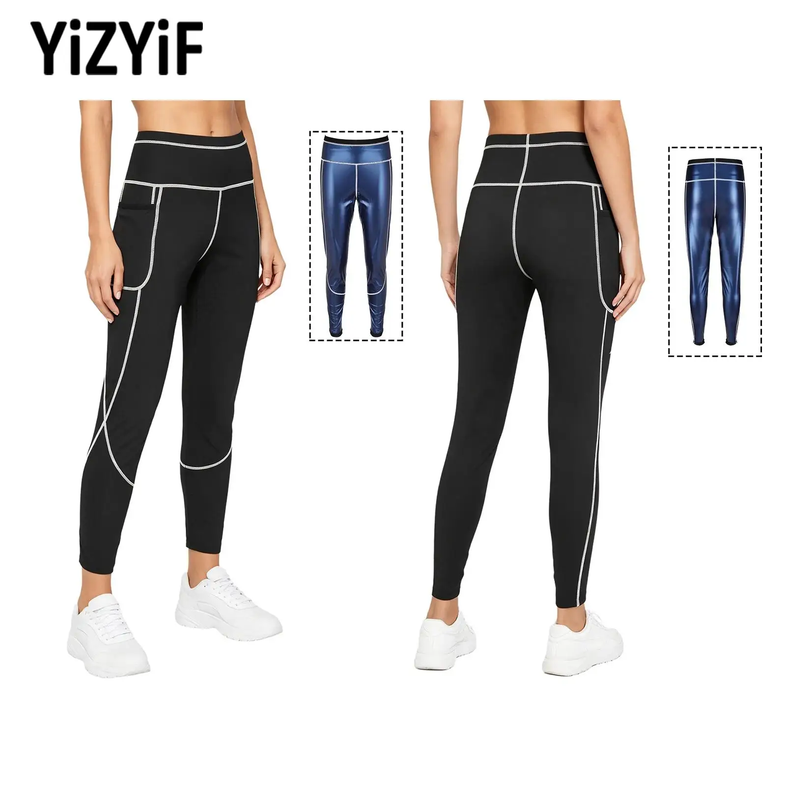 

Men Women Sauna Leggings Contrast Color Trim High Waist Elastic Waistband Sweat Inducing Pants Thermal Body Shaping for Sports