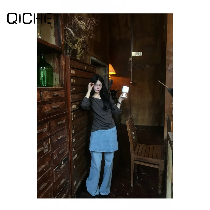 QICHE Women 2026 New Autumn Korean‑Style Straight‑Leg Denim Jeans Niche Styling With Detachable Back Panel Women Casual Outfit