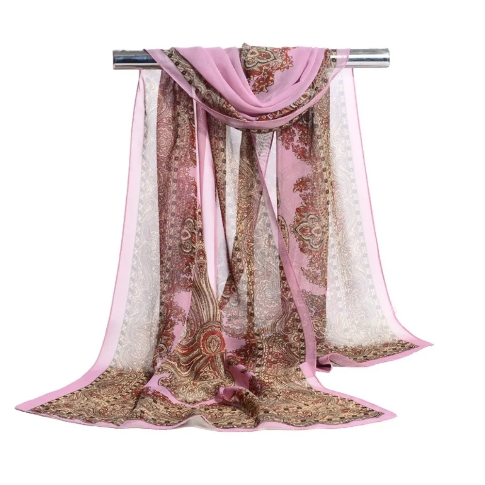 Elegant 160*50cm Chiffon Scarf Floral Gradient Silk Shawl Washable Sunscreen Beach Gauze Scarf for Women