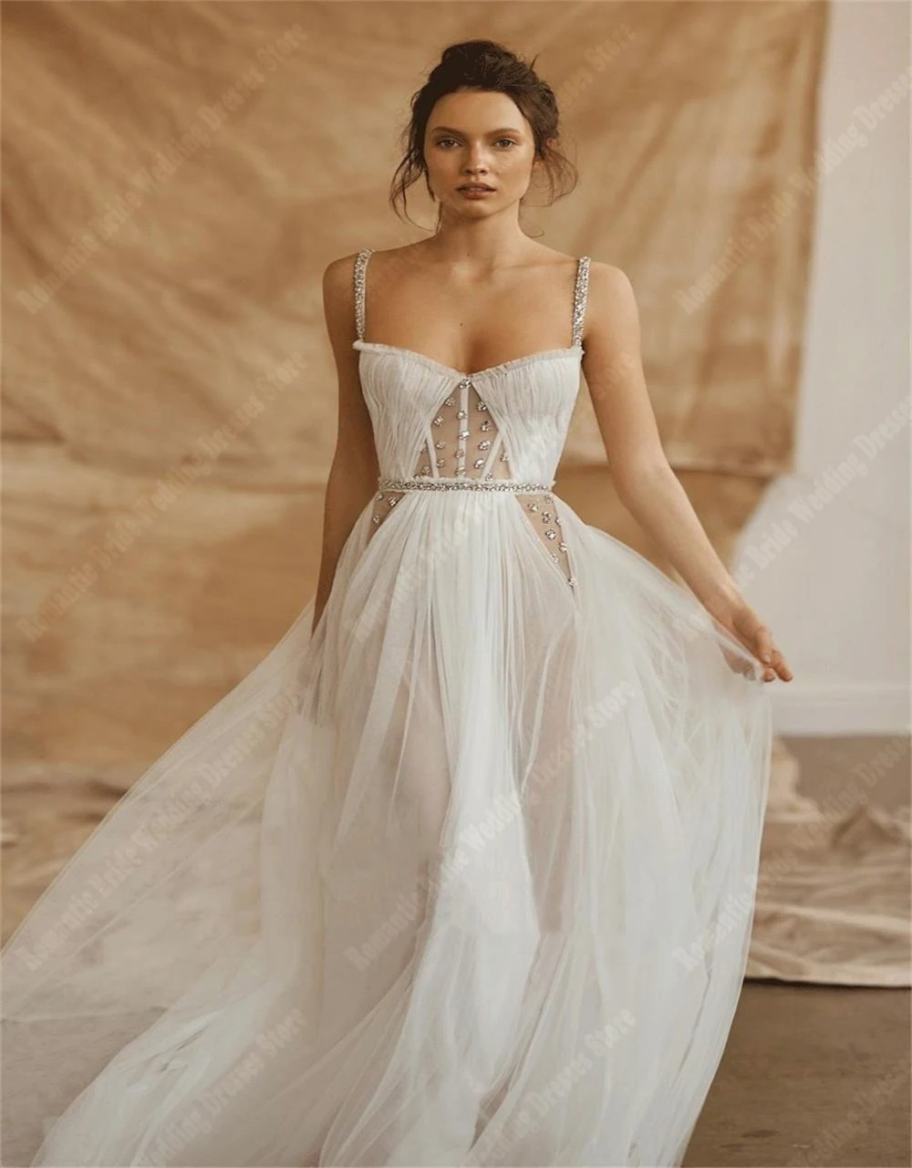 Robes de mariée A-ligne en tulle pour femmes, sangle initiée mince, élégante longueur de vadrouille dos nu, nouveaux patients, quelle que soit la 2024