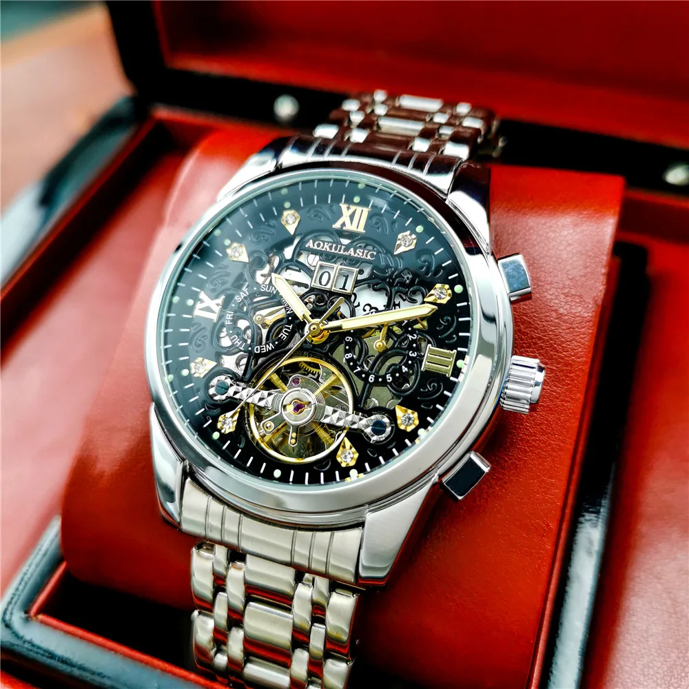 Stainless alloy Full Skeleton Day-Date Luminous Waterproof Self-Wind Automatic Mechanical Exquisite watch for Men