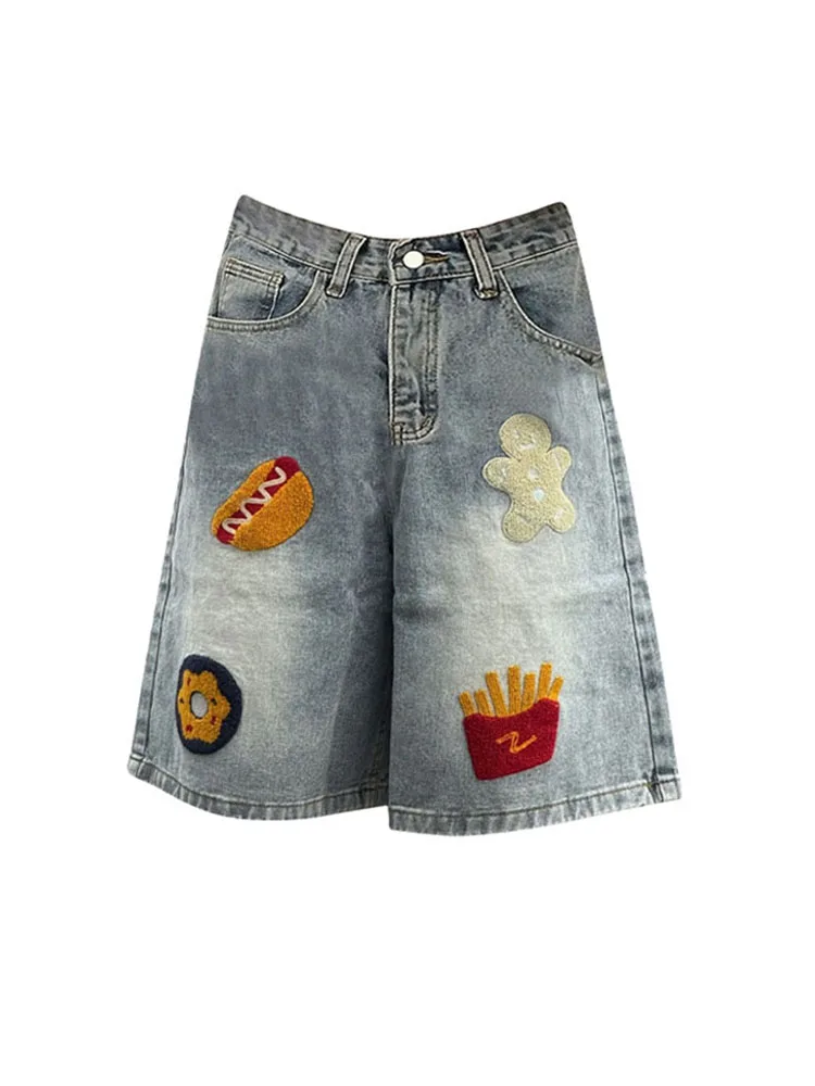 

Fashion Classical High Street Gyaru Jeans Shorts Women Embroidery High Waist Mid Long Pants Summer New Design Straight Shorts
