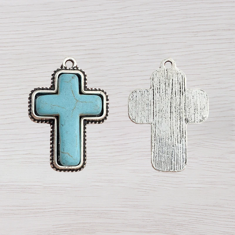 

6Pcs Tibetan Silver Turquoise Cross Crucifix Crosses Charms Pendants Beads for DIY Necklace Jewellery Making Finding Accessories