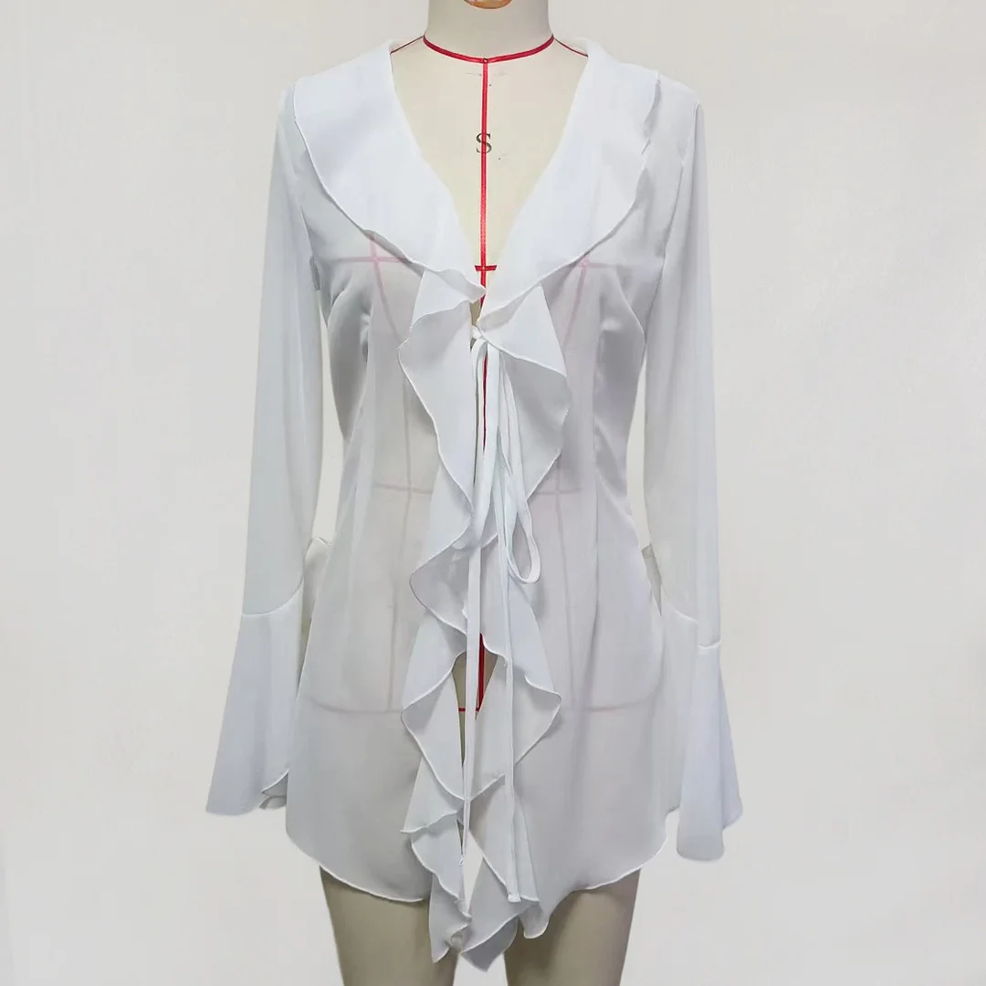 2026 Langarm V-Ausschnitt Rüschen-Strickkleid mit Durchsicht, Strandtunika, Damen-Strandkleidung, Strandbekleidung, Strand-Cover-up, Damen-Cover-ups V6992 – Detail 8