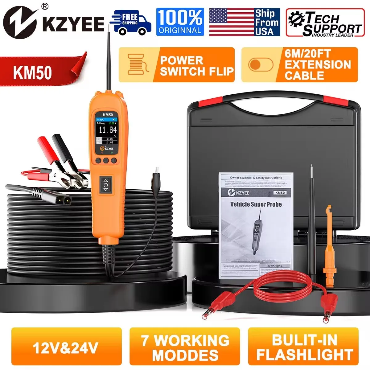 KZYEE KM50 12V 24V Battery Tester Car Power Circuit Probe Kit Fuel Injection Activate Short Circuit Tester for Auto Motorcycle